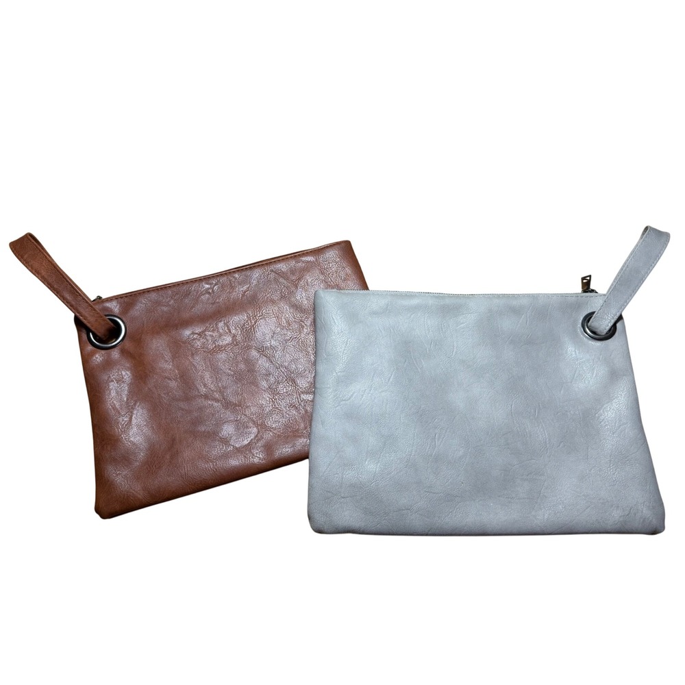 Womens Faux Leather Clutch Handbag Set Two Brown Gray Evening Bag Choc Boho